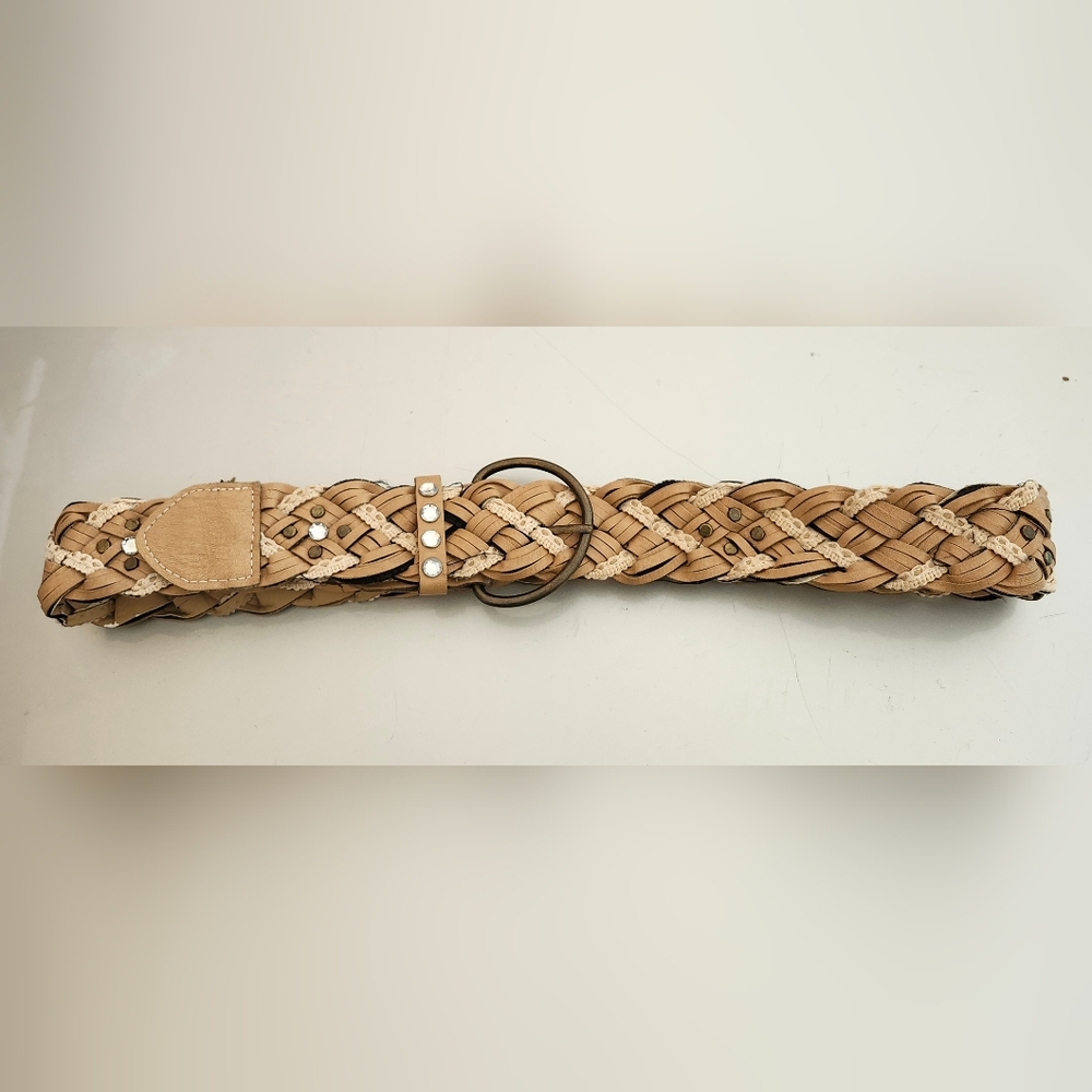 Braided Tan Belt With Intertwined Cloth Trim